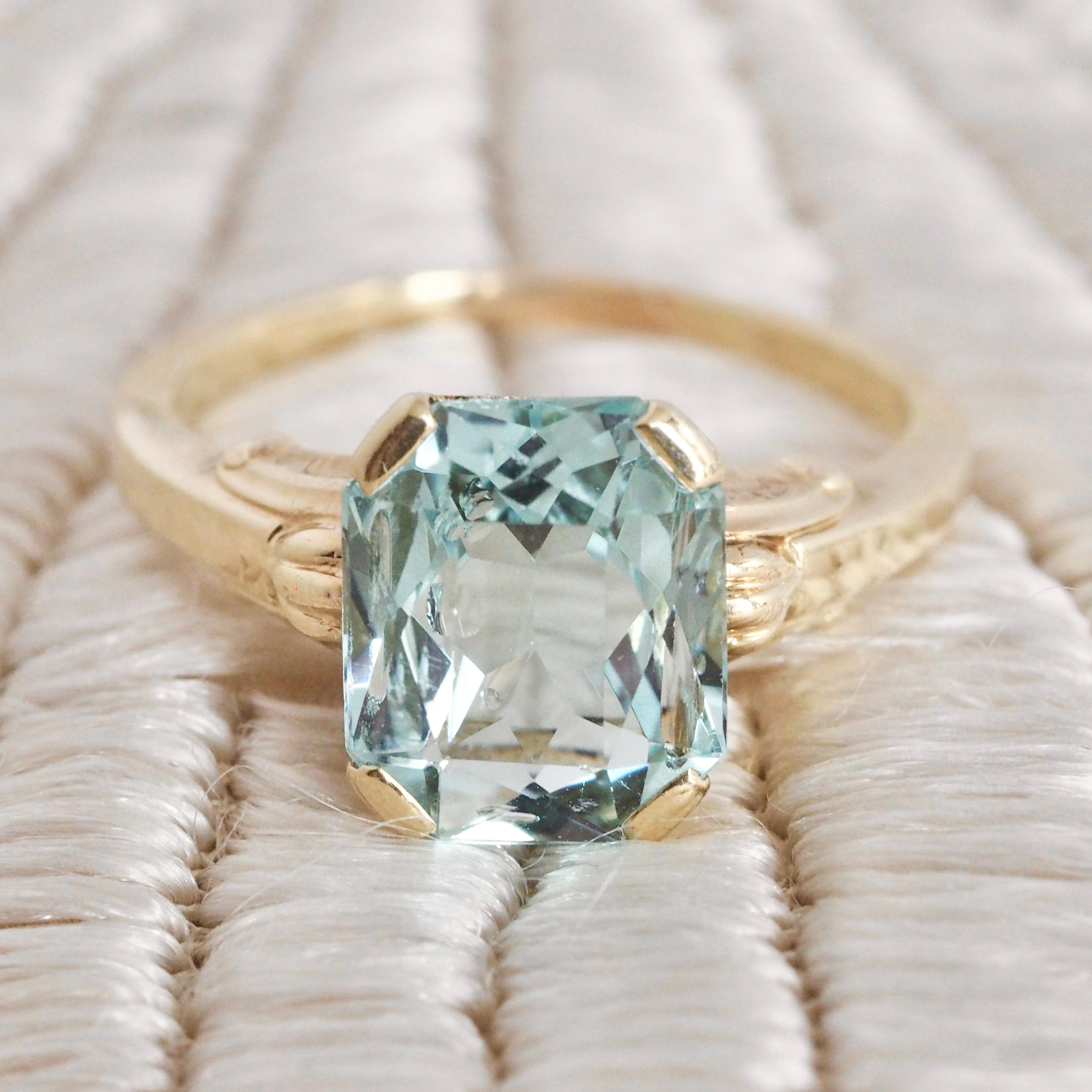 Three Stone Aquamarine Engagement Ring With White Topaz Triangle Accents  18k Gold